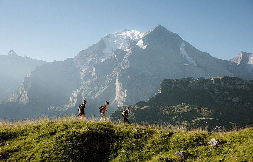 <p>Drei Wanderer gehen auf einem Wanderweg umgeben von saftig grünen Wiesen, imposantem Bergpanorama, blauem Himmel und Sonne.</p>